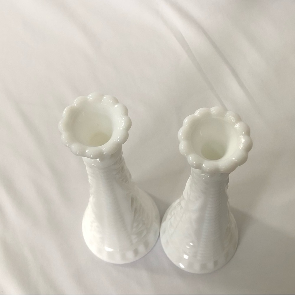 Vintage Farmhouse White Milk Glass Tall Bud Vases 9” - Set of 2 - Picture 5 of 10